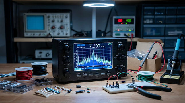 Digital Radio Receiver Displaying Spectrum Analyzer Waveforms on Workbench Amidst Electronic Components