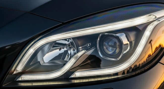 Sleek Luxury Cars Advanced LED Headlight Reflecting a Golden Hour Sunset.