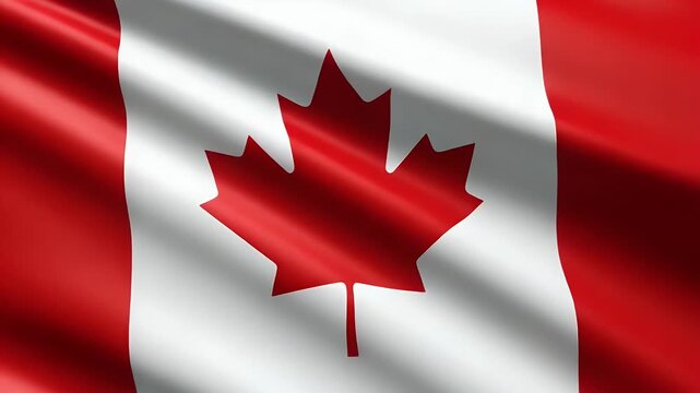 Bright red and white Canadian flag showing a vibrant maple leaf symbol waving gracefully in the wind representing national pride and unity for all Canadian citizens