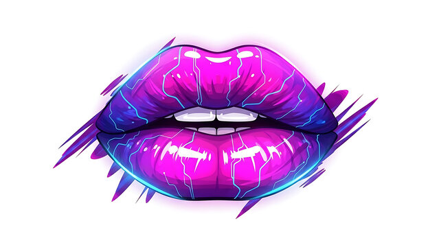 Vibrant neon cyberpunk female lips icon isolated on white background, glowing pink and purple mouth illustration, futuristic electronic synthwave style digital art, pop culture fashion accessory.