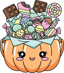 Fototapeta premium Cute kawaii pumpkin bowl with assorted sugary chocolate candy, ideal for halloweenthemed designs or sweet treat concepts. Fun and colorful stock photo.