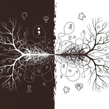 Abstract illustration of two trees, one white on black and one black on white, with intertwining roots and branches, surrounded by symbols of mental health awareness and duality.
