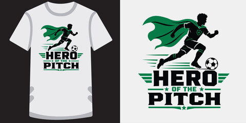 Superhero soccer player running with ball and cape graphic for sports apparel print design. © jubayer95