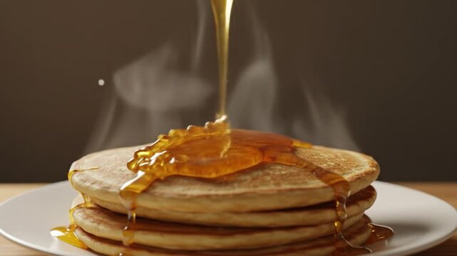 Stack of pancakes with honey being drizzled on top
