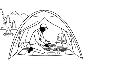 A line art illustration of a camper kneeling inside a tent organizing camping gear. © Budi Prakoso