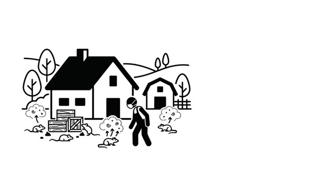 A farmer wearing a mask dealing with a rodent infestation on his farm.
