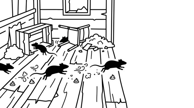 A group of rats running across a messy floor in an abandoned house.