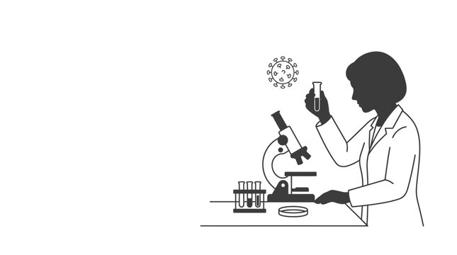 A line art illustration of a female scientist in a lab coat examining a virus sample.