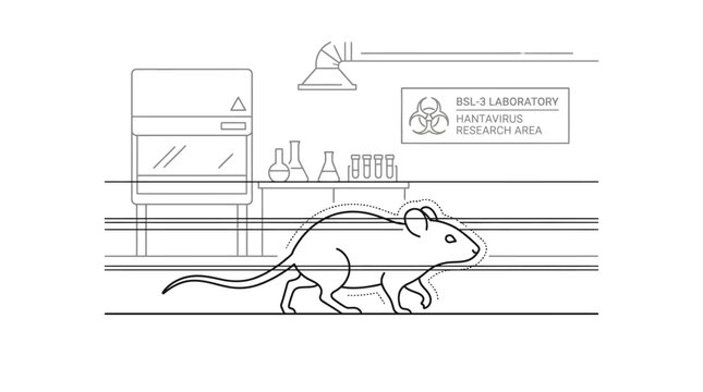 A line art illustration of a laboratory mouse walking inside a research facility.