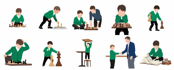Vector illustration set of a young boy learning and playing chess with various poses including thinking, studying, and competing with a mentor on a white background. © Camelia