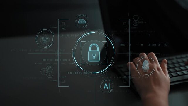 Cybersecurity system interface with biometric lock and data protection. Cybersecurity protects access, identity, cyber security prevents threats, and cyber security supports digital systems. Marrow