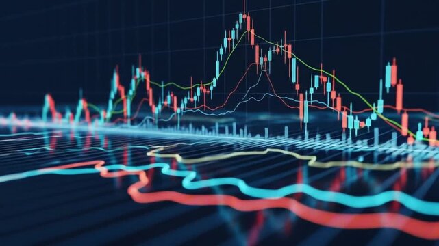 Stock chart showing red and blue candlestick bars with green red and teal trend lines over a gridlike reflective plane