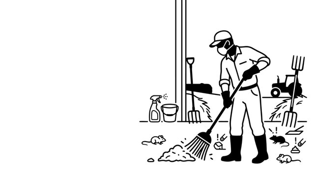A person in protective gear raking debris and cleaning up after a pest infestation.