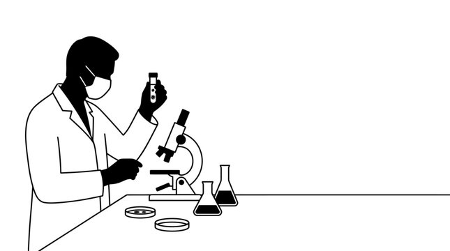 A line art illustration of a scientist working in a laboratory.