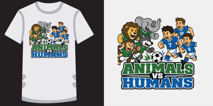 Animals vs humans soccer match competitive illustration for youth t-shirt apparel prints.