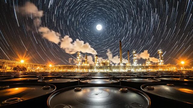 A nighttime view of a refinery with smokestacks emitting fossil fuel energy, with crude oil barrels and a petroleum storage tank farm under a starry night sky.