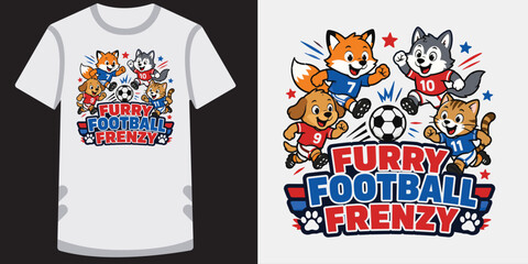 Funny cartoon fox husky dog cat playing soccer, furry football frenzy text. © jubayer95