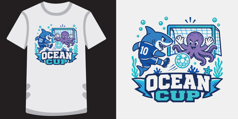 Shark and octopus playing soccer goal, ocean cup text, underwater sports. © jubayer95
