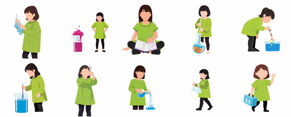 Fototapeta premium Little Girl Character Set Doing Science Experiments and Laboratory Research Flat Vector Illustration