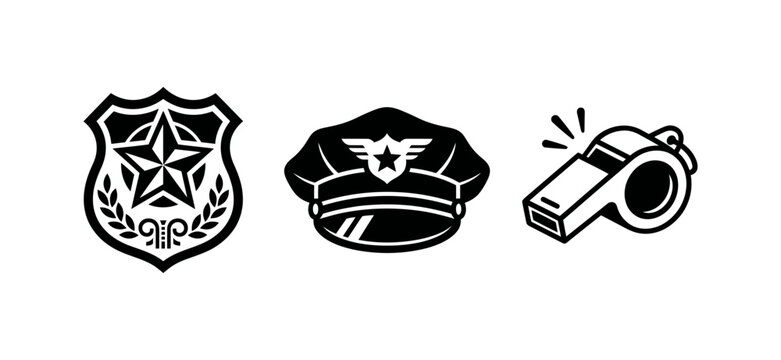 Set of police badges, cap, and whistle icons for law enforcement and security services - AIzaSyC8stGKDZT0xxvmLD4E0