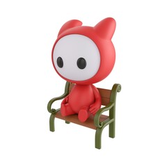 Fototapeta premium Cute 3D render Red Little Monster character sitting calmly on a bench, relaxed and peaceful pose, isolated on white background.