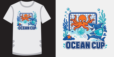 Shark and octopus playing soccer in the ocean with an underwater background. © jubayer95