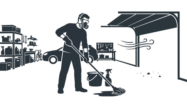 A person wearing a protective mask cleaning a floor with a mop in a garage.