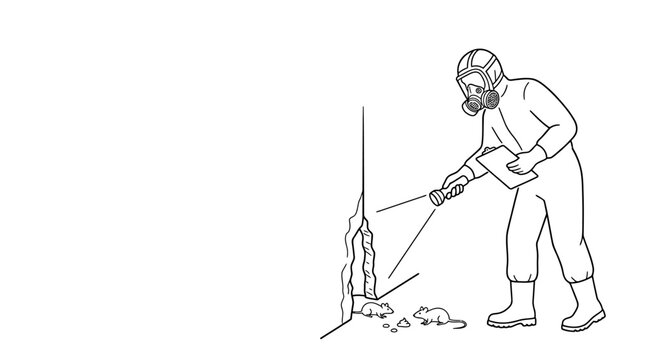 A professional mold inspector in protective gear examining a wall crack with a flashlight.