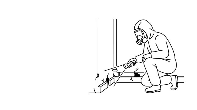 A professional pest control technician in protective gear inspecting baseboards for termites.