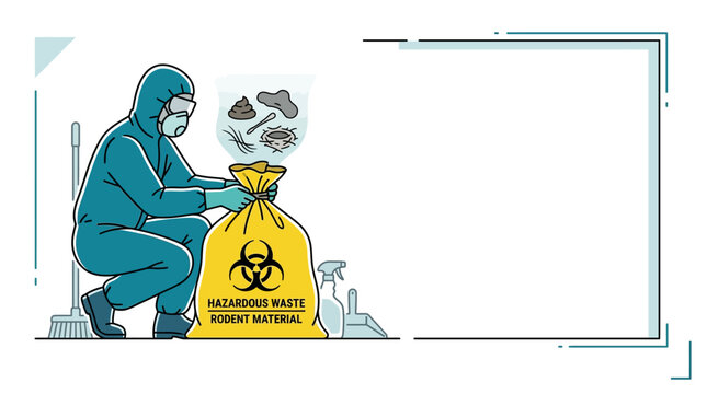 A professional sanitation worker in a hazmat suit collecting biohazardous waste in a yellow bag.