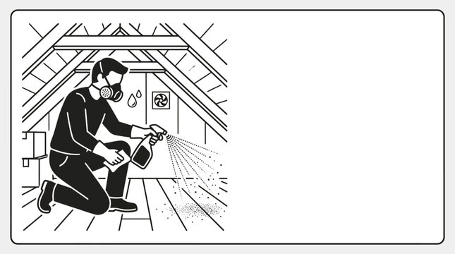 A professional technician wearing a respirator mask cleaning an attic surface with a spray bottle.