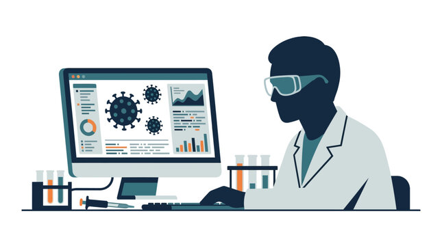 A scientist analyzing viral data on a computer in a laboratory.