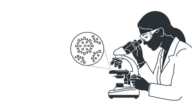 A scientist in a laboratory coat examining a virus sample under a microscope.