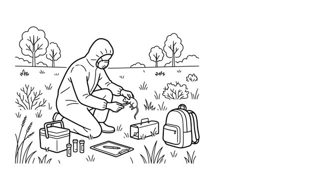 A scientist in protective clothing collecting biological samples in the field.