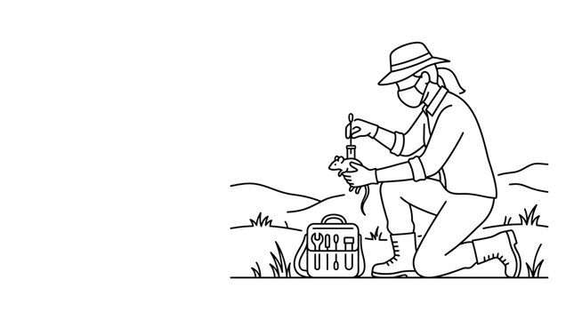 A scientist wearing a protective mask and hat examining a rodent in the field.