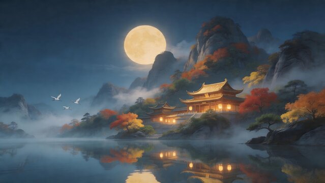 Traditional building by lake under moonlight