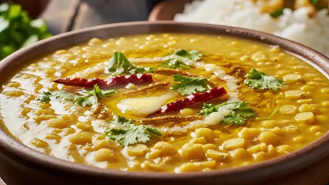 Delicious Indian Dal Tadka served in a rustic bowl with garnish.