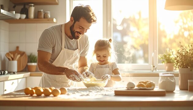 The activity of cooking together in a warm and bright kitchen shows the loving interaction between father and daughter when making bread or cake dough.father and son baking cookies