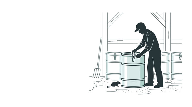 A silhouette of a worker in a warehouse with a rat near a metal drum.
