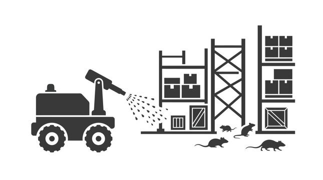 Automated warehouse pest control robot spraying insecticide against mice.