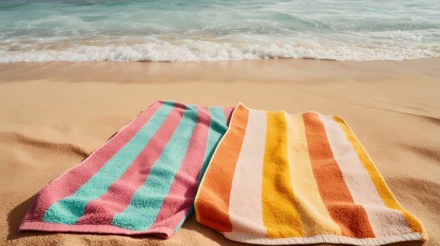 Two striped beach towels lie on golden sand
