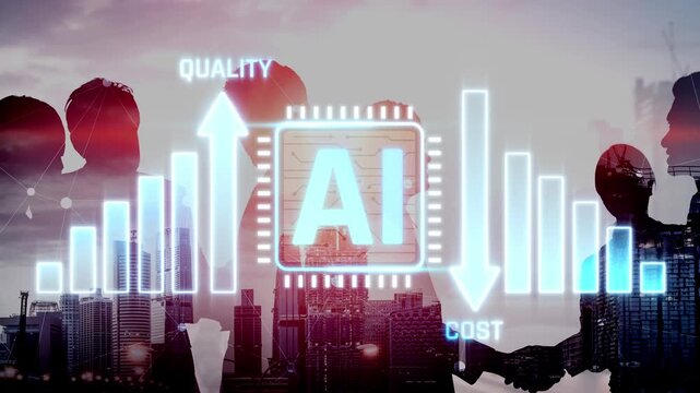 Visual Representation of Artificial Intelligence Impact on Quality and Cost in Business Environment with Silhouettes and Cityscape Background Sigmoid