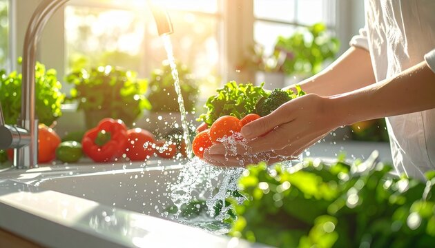 A woman is washing various fresh vegetables such as tomatoes, broccoli and lettuce under the clean running water of a kitchen sink. The warm morning sunlight came in through the window, creating a gls