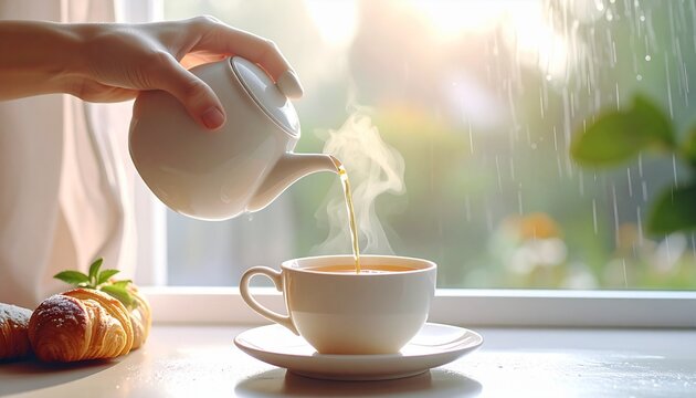 A calming scene showing a person's hand pouring warm tea from a white ceramic teapot into a cup near the window on a rainy day. On the side are croise