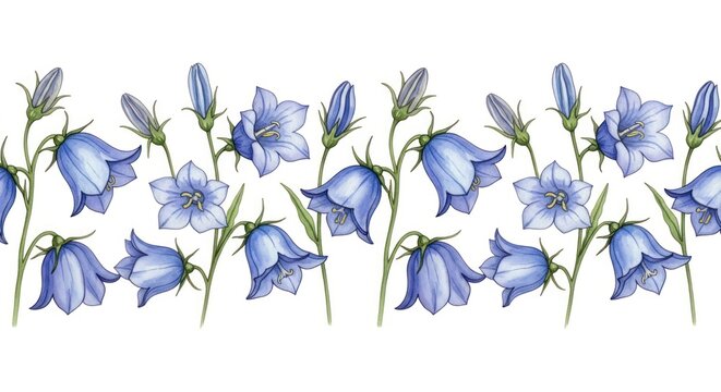 Elegant Hand-Painted Watercolor Border of Blue Campanula Flowers