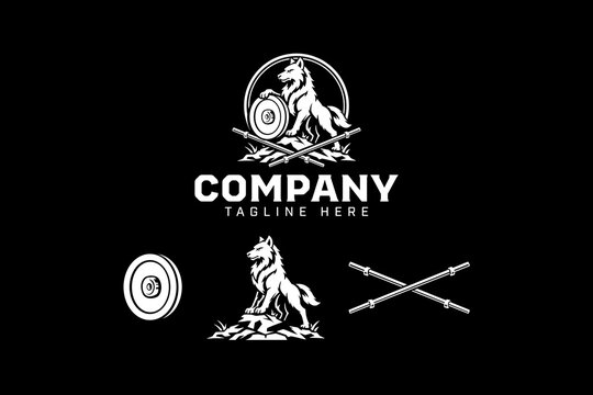 Wolf warrior with paddle and weight plate mascot logo design for fitness and gym. Nordic wolf guardian with weight plate and pole crossed badge logo design set for athletic, sport, bodybuilder