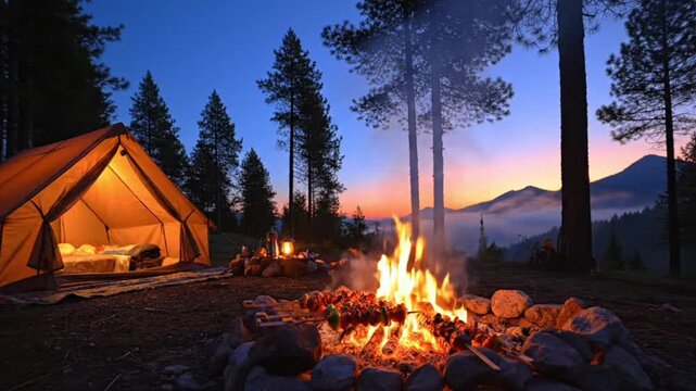 A peaceful mountain campsite at dusk during maghrib time, glowing campfire with food roasting over the flames, misty pine forest surrounding the area.