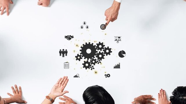 A group of diverse hands collaborating over a white surface, surrounded by gears and icons, representing teamwork, planning, and business growth strategies. Raster