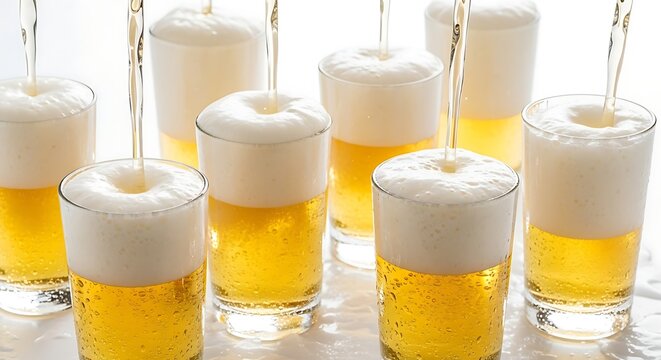 Beer pouring into shot glasses.