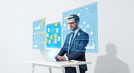Naklejka premium Businessman in Virtual Reality Meeting Room.